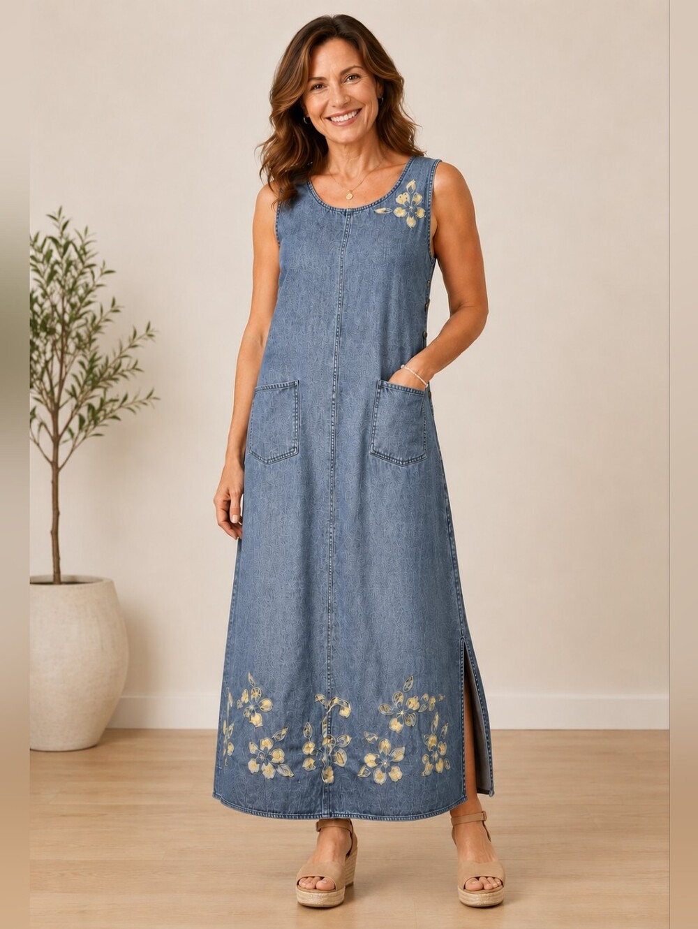 Agapo Women's Blue Denim Sleeveless Maxi Dress Floral Lace Applique Split Side M